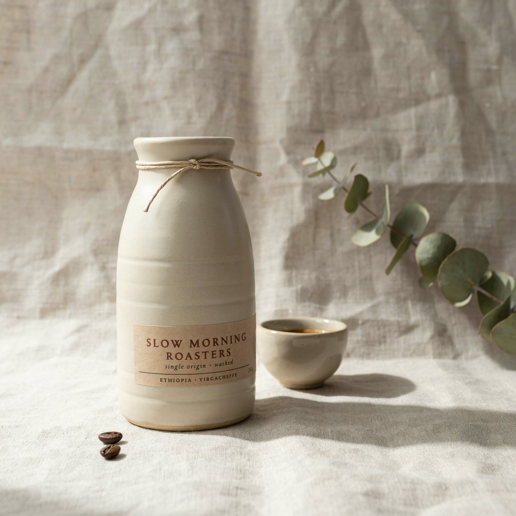 Cream ceramic coffee bottle with a kraft label reading SLOW MORNING ROASTERS on linen, generated with Ideogram 4.5