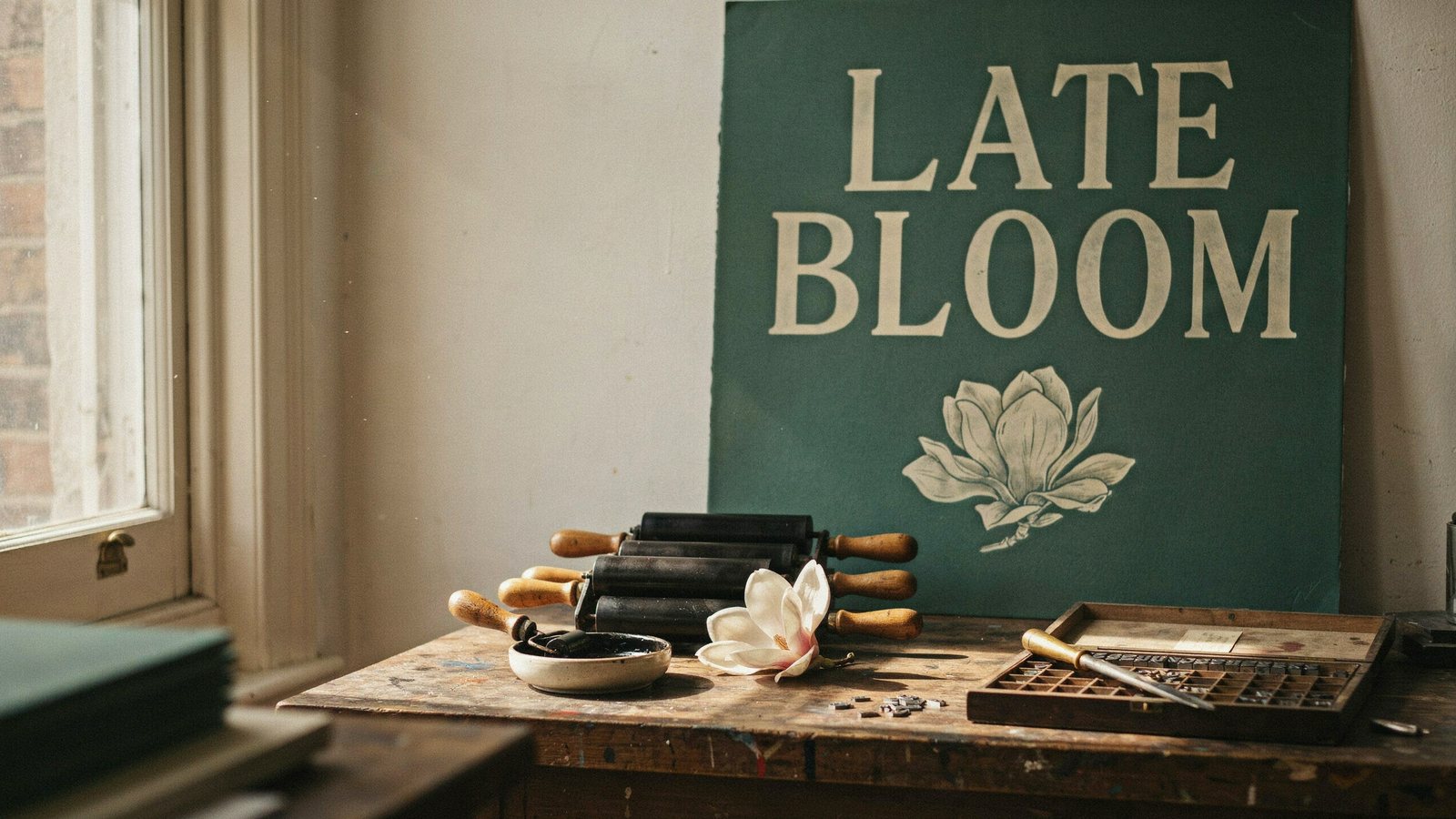Green letterpress poster reading LATE BLOOM with a magnolia, in a sunlit print studio, generated with Ideogram 4.5